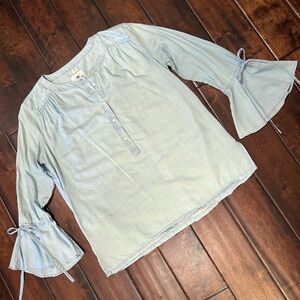 LOFT - Light Wash Bell Sleeve Half Button Top - Light Blue
